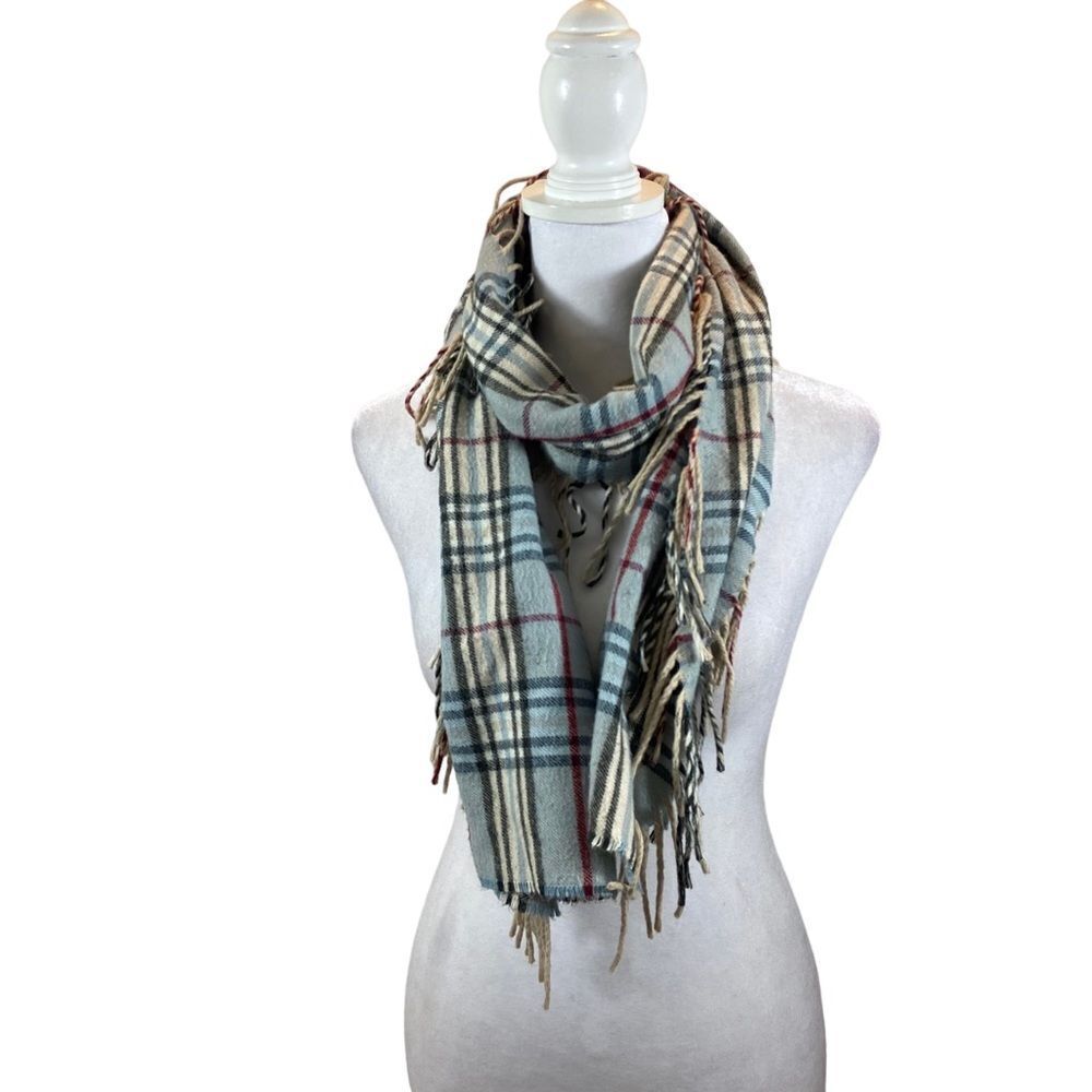 V Fraas Ladies Blue Plaid Fringe End Scarf Cashmink